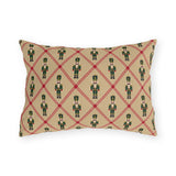 Christmas nutcracker outdoor lumbar pillow with a cranberry diamond lattice and green nutcrackers on tan