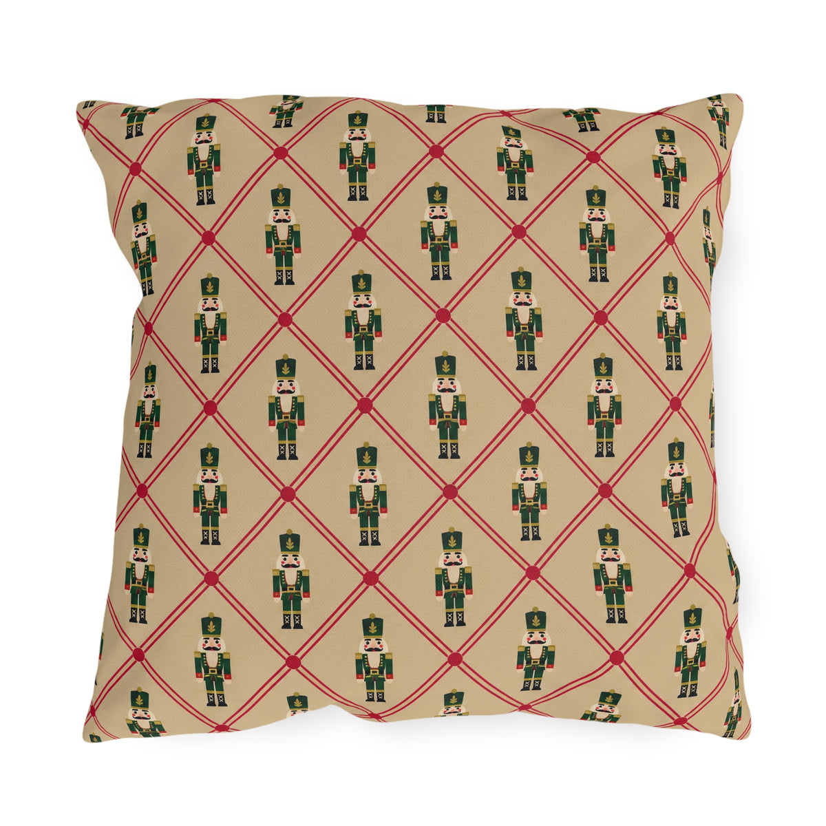 Christmas nutcracker outdoor pillow with a cranberry diamond lattice and green nutcrackers on tan