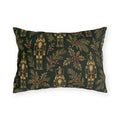 Gold and green Christmas nutcracker outdoor lumbar pillow with gold nutcrackers, holly and pine on forest green