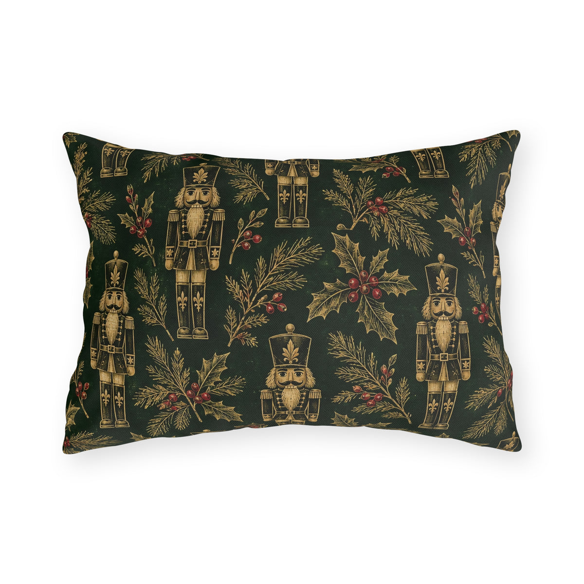 Gold and green Christmas nutcracker outdoor lumbar pillow with gold nutcrackers, holly and pine on forest green