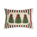 Vintage Christmas tree outdoor lumbar pillow with a lit fir tree and red bow in a cream panel on red, green and cream stripes