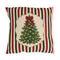 Vintage Christmas tree outdoor pillow with a lit fir tree and red bow in a cream panel on red, green and cream stripes