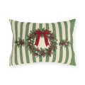 Sage green Christmas wreath outdoor lumbar pillow with a pine and berry wreath and red ribbon on sage and cream stripes