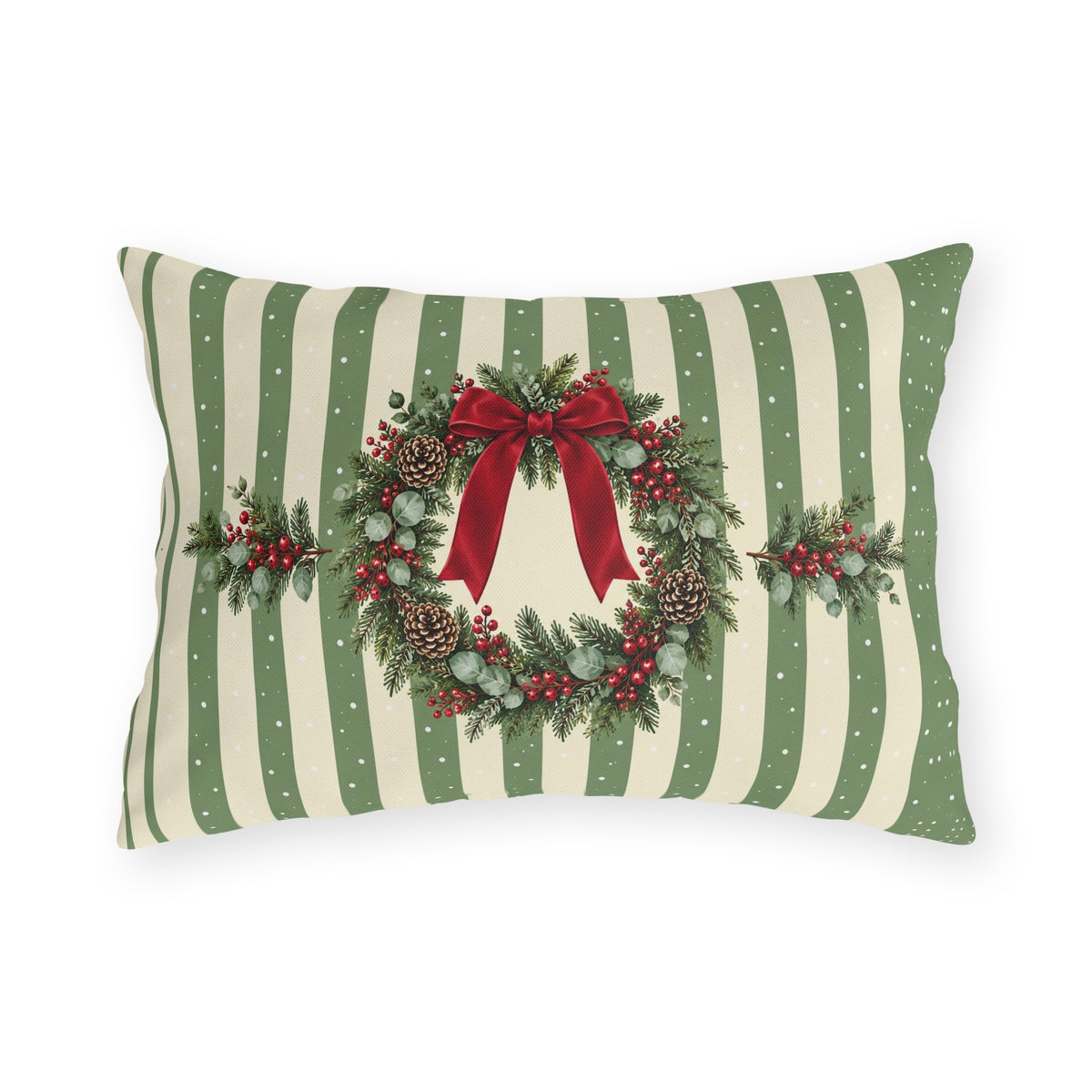 Sage green Christmas wreath outdoor lumbar pillow with a pine and berry wreath and red ribbon on sage and cream stripes