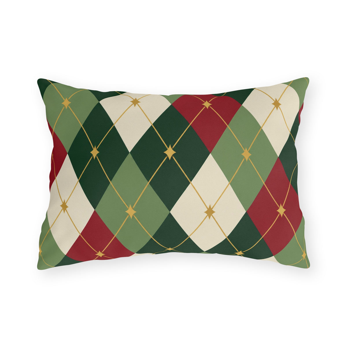 Christmas argyle outdoor lumbar pillow with green, red and cream diamonds and small gold stars