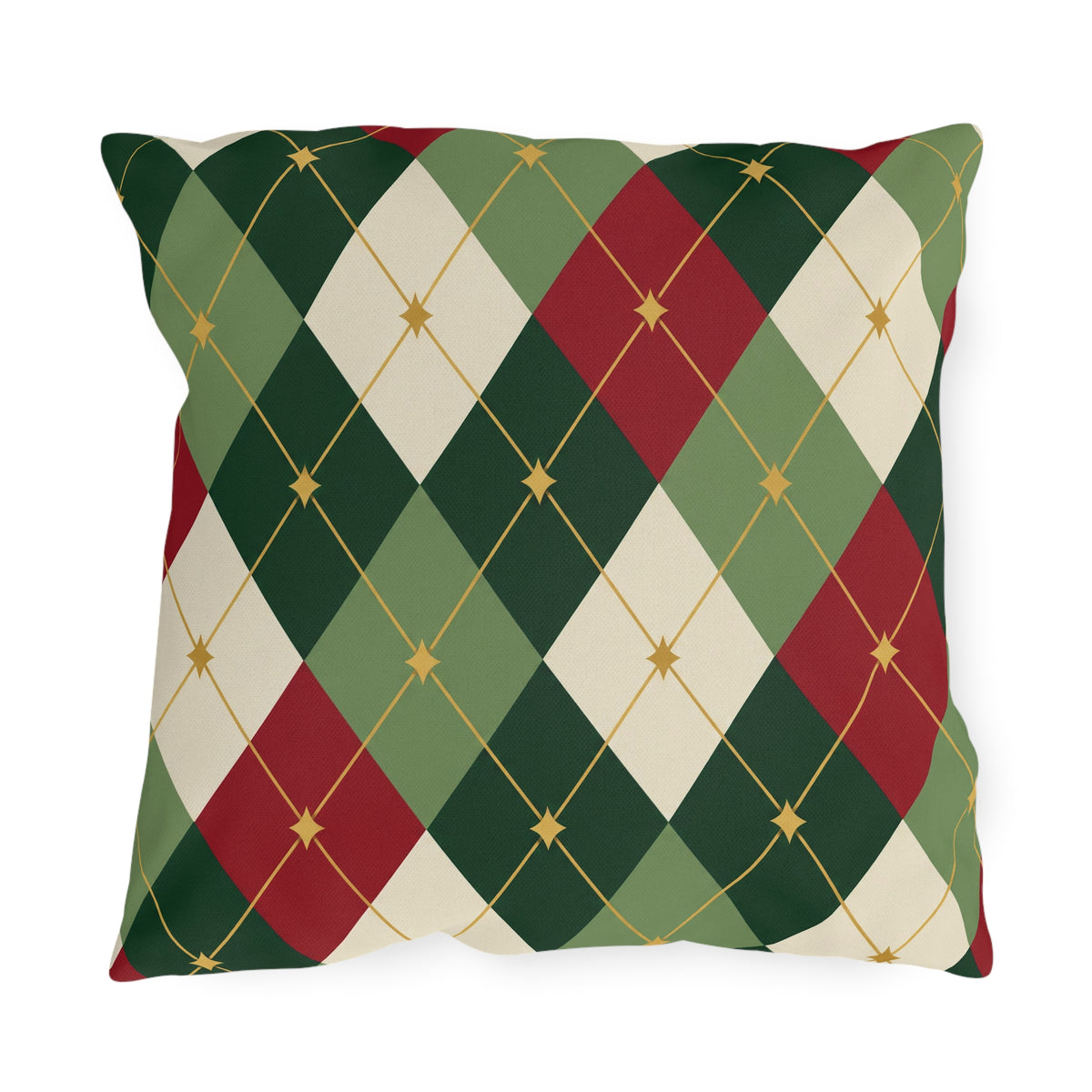 Christmas argyle outdoor pillow with green, red and cream diamonds and small gold stars