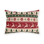 Nordic Christmas reindeer outdoor lumbar pillow with graphic bands of reindeer, pine trees and snowflakes in red, green and cream