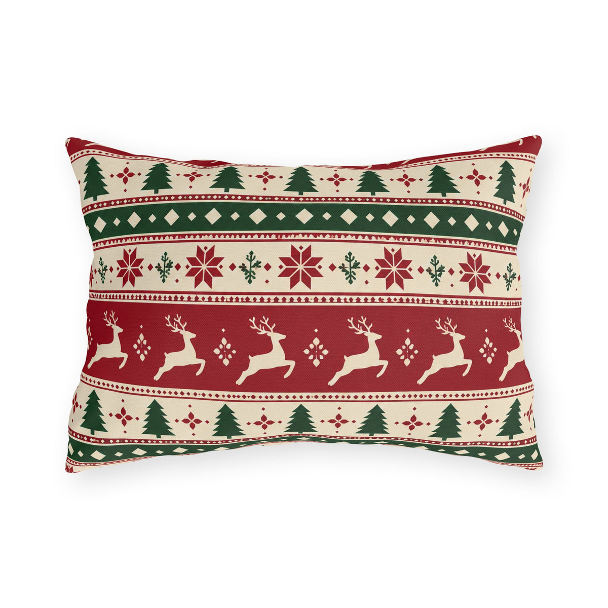 Nordic Christmas reindeer outdoor lumbar pillow with graphic bands of reindeer, pine trees and snowflakes in red, green and cream