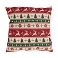 Nordic Christmas reindeer outdoor pillow with graphic bands of reindeer, pine trees and snowflakes in red, green and cream