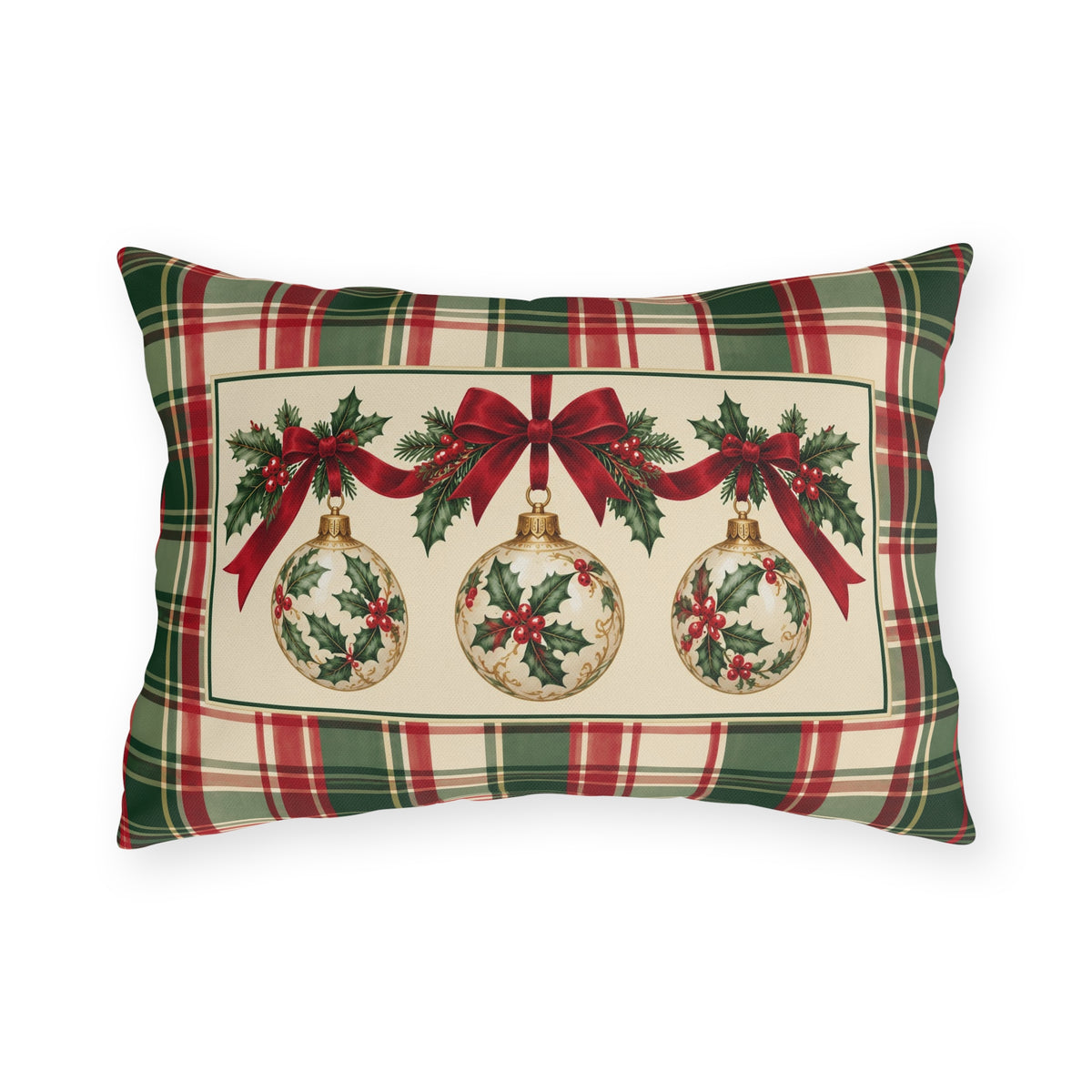 Christmas ornament plaid outdoor lumbar pillow with a vintage holly bauble and red ribbon in a cream panel on green and red tartan