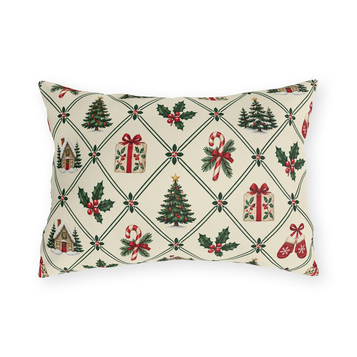 Christmas village outdoor lumbar pillow with a green lattice of pine trees, holly, mittens, gifts and cottages on cream