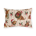 Christmas dachshund outdoor lumbar pillow with dachshunds in Santa hats, scarves and sweaters among holly on cream