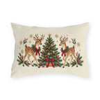 Christmas reindeer outdoor lumbar pillow with a spotted reindeer, holly wreath, pine and golden snowflakes on cream