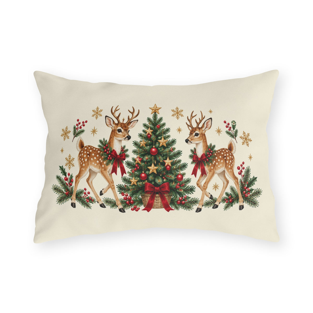 Christmas reindeer outdoor lumbar pillow with a spotted reindeer, holly wreath, pine and golden snowflakes on cream