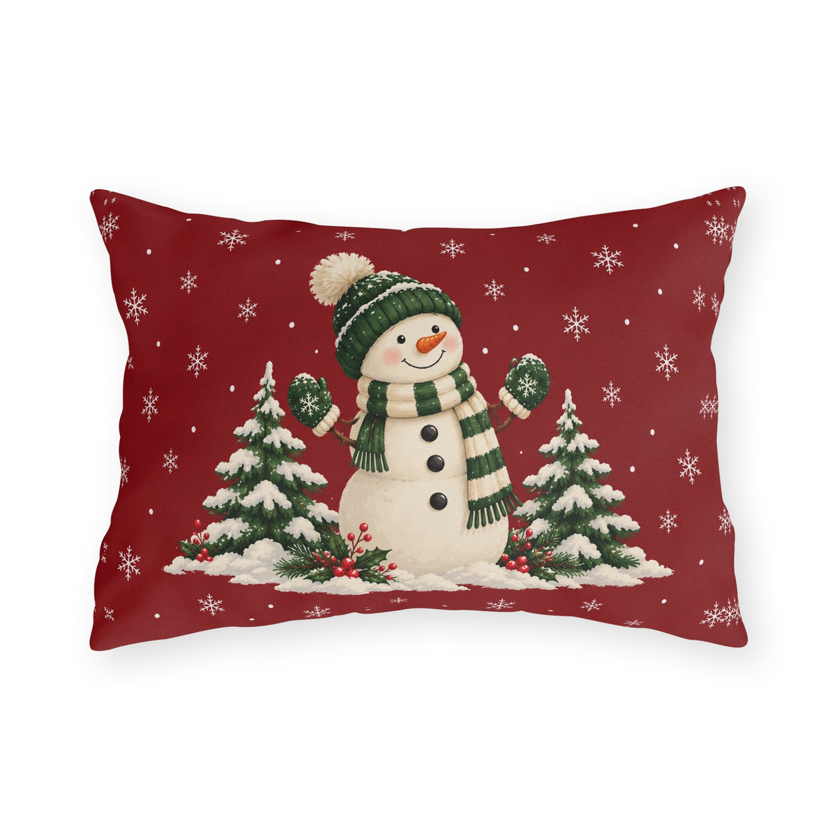 Christmas snowman outdoor lumbar pillow with a green bobble hat and striped scarf on red with white snowflakes