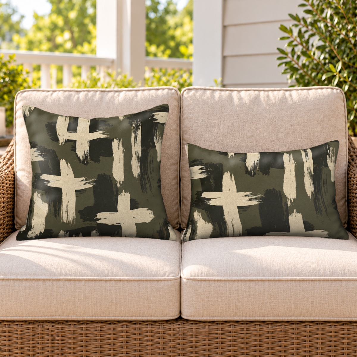 Painted Cross Olive Outdoor Lumbar Pillow