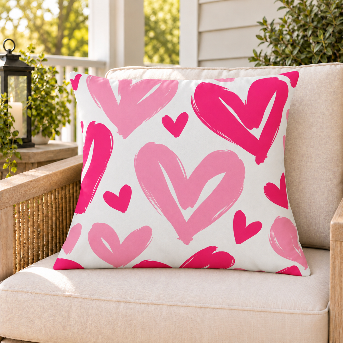 Painted Heart Hot Pink outdoor pillow on a rattan chair on a sunny summer porch