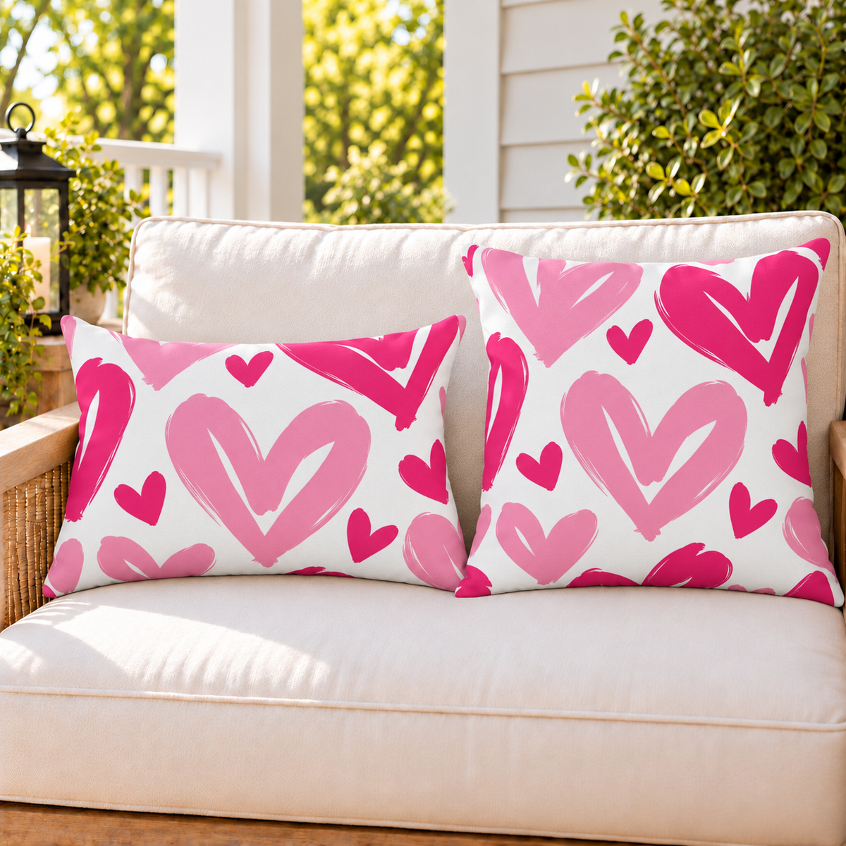 Painted Heart Hot Pink outdoor pillow and outdoor lumbar pillow styled together as a set on a porch loveseat