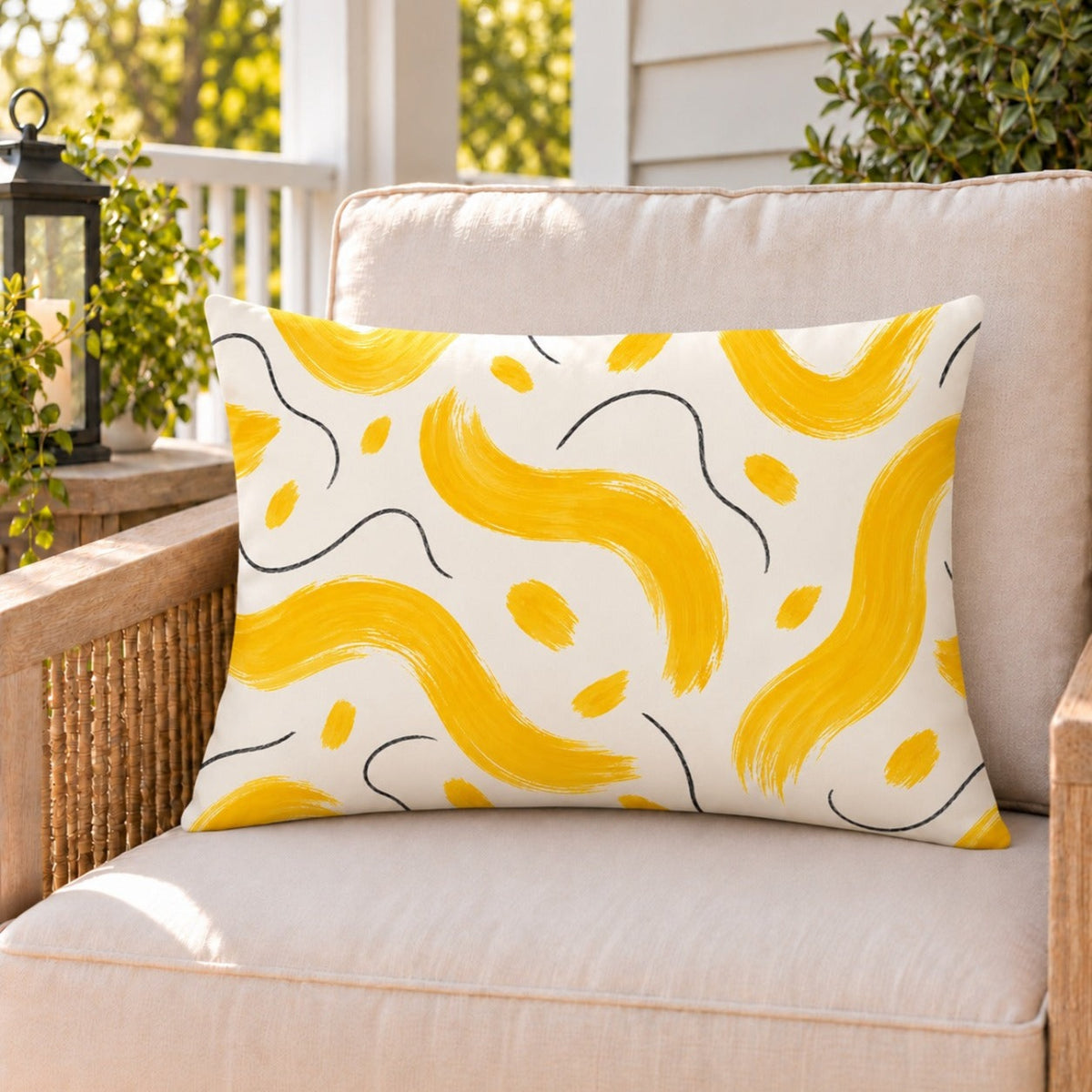 Yellow painted wave outdoor lumbar pillow on a rattan chair on a sunny summer porch