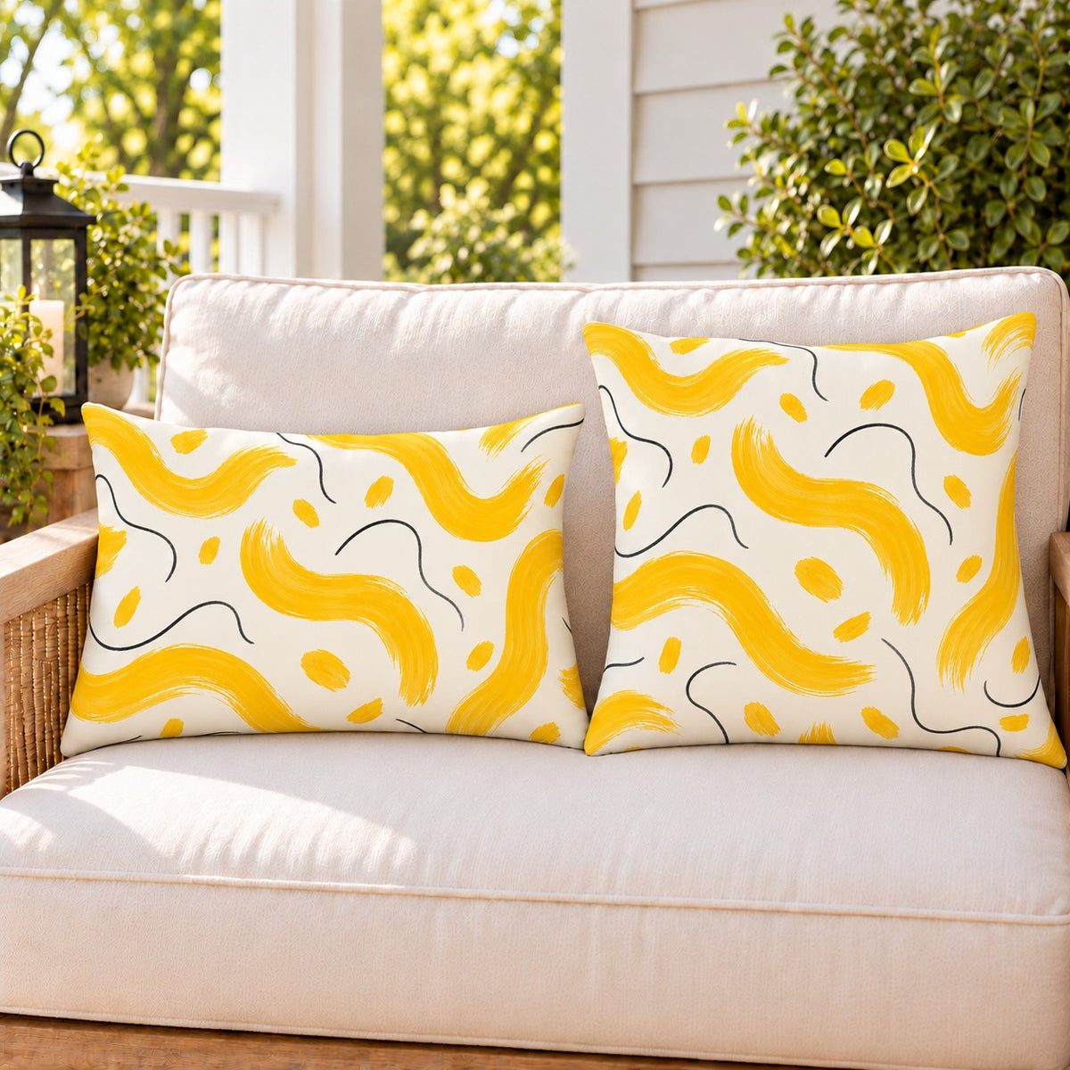Yellow painted wave outdoor pillow and outdoor lumbar pillow styled together as a set on a porch loveseat