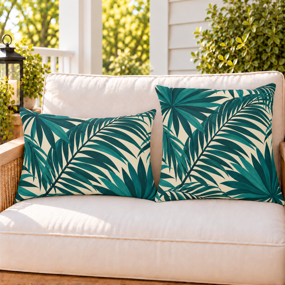 Teal palm frond outdoor pillow and outdoor lumbar pillow styled together as a set on a porch loveseat