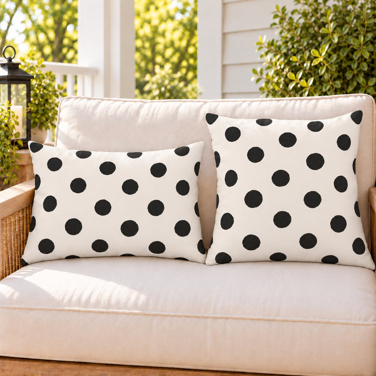Black and white polka dot outdoor pillow and outdoor lumbar pillow styled together as a set on a porch loveseat