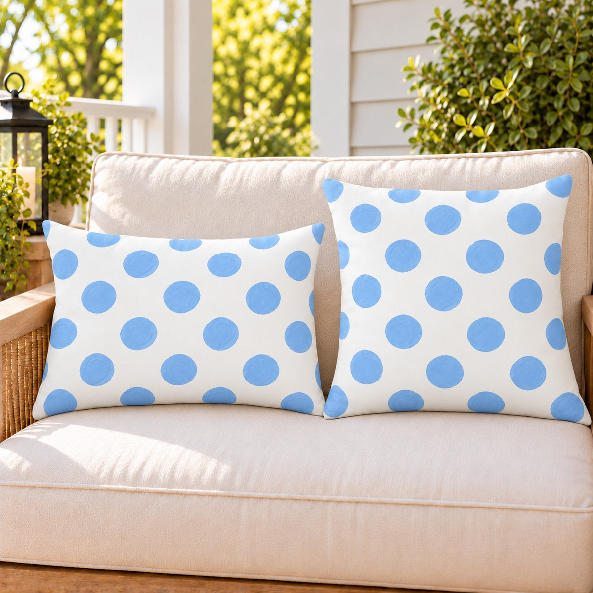 Light blue polka dot outdoor pillow and outdoor lumbar pillow styled together as a set on a porch loveseat