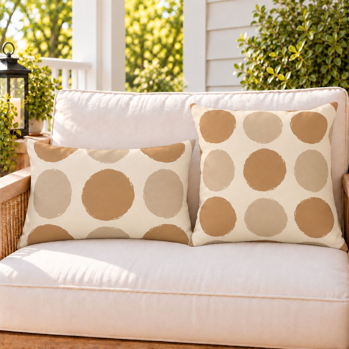 Sand polka dot outdoor pillow and outdoor lumbar pillow styled together as a set on a porch loveseat