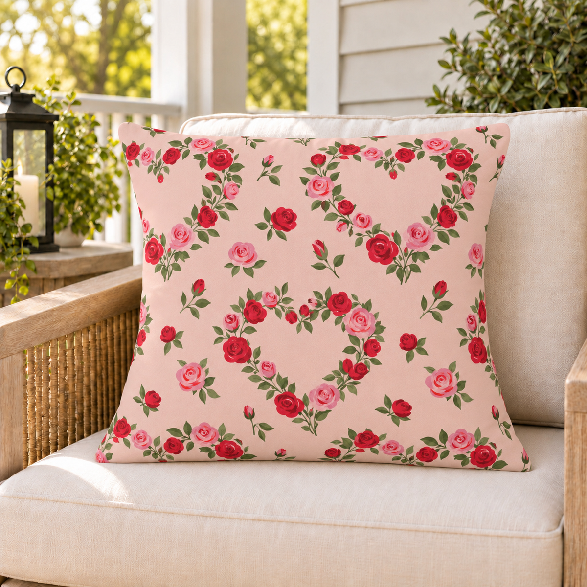 Rose Heart Blush outdoor pillow on a rattan chair on a sunny summer porch