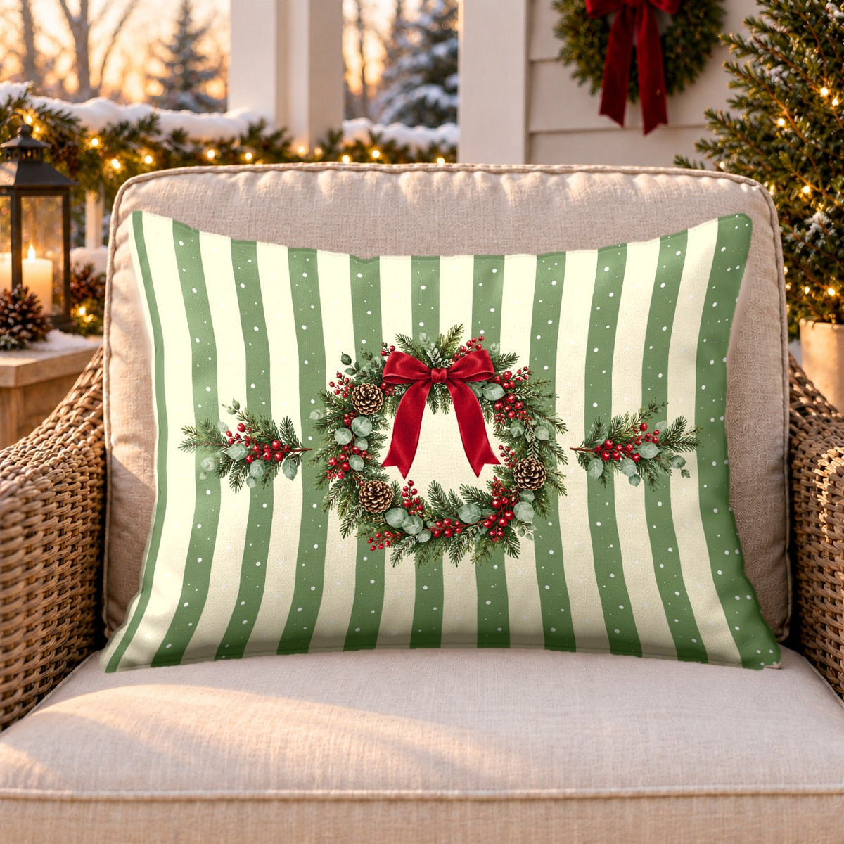 Sage stripe wreath outdoor lumbar pillow on a rattan chair on a snowy Christmas porch