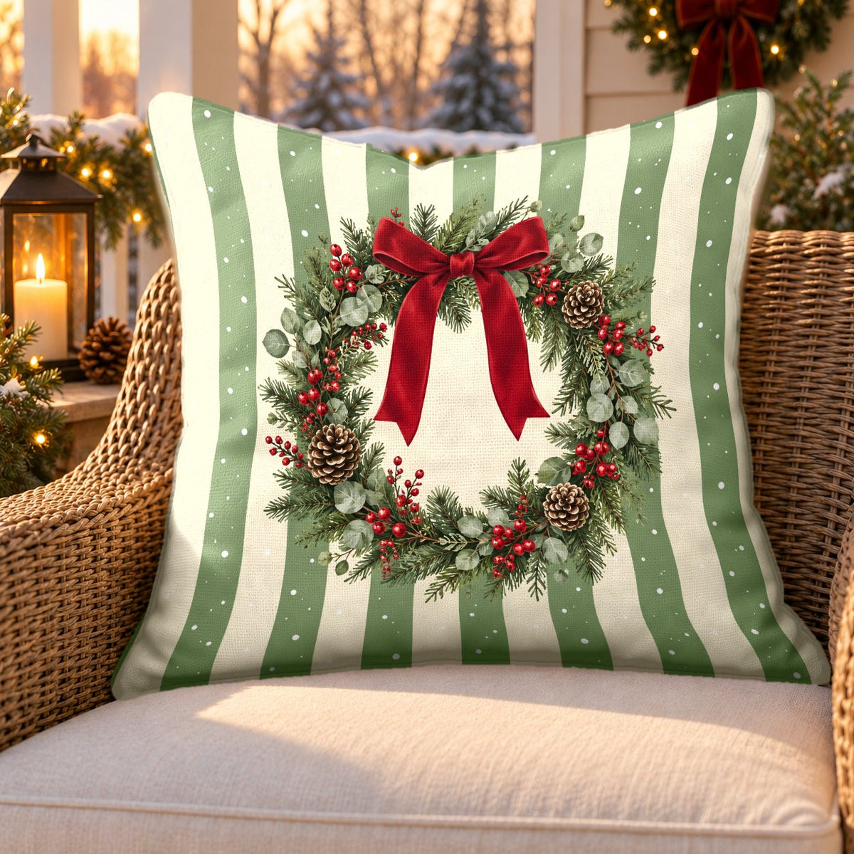 Sage stripe wreath outdoor pillow on a rattan chair on a snowy Christmas porch