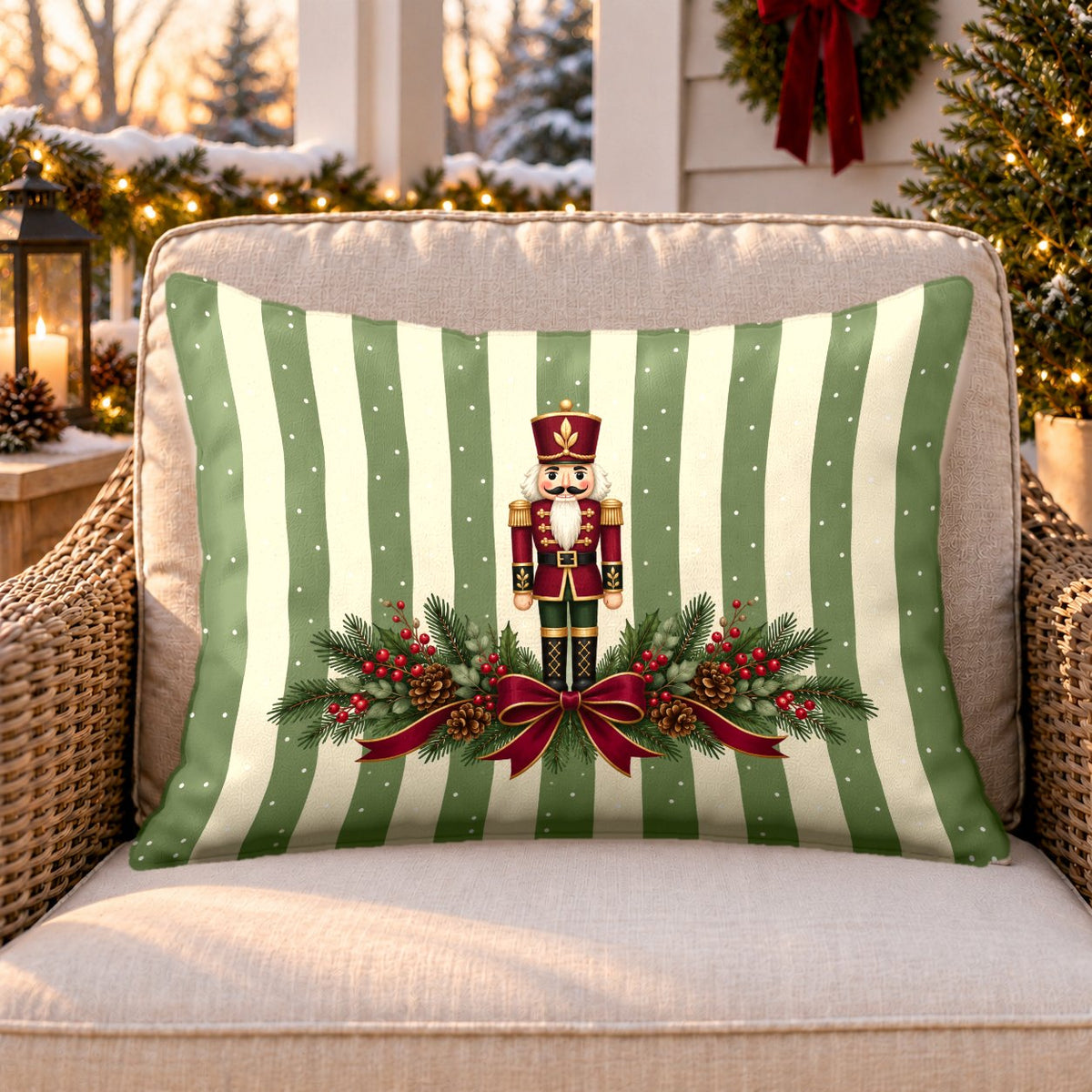 Sage stripe nutcracker outdoor lumbar pillow on a rattan chair on a Christmas porch
