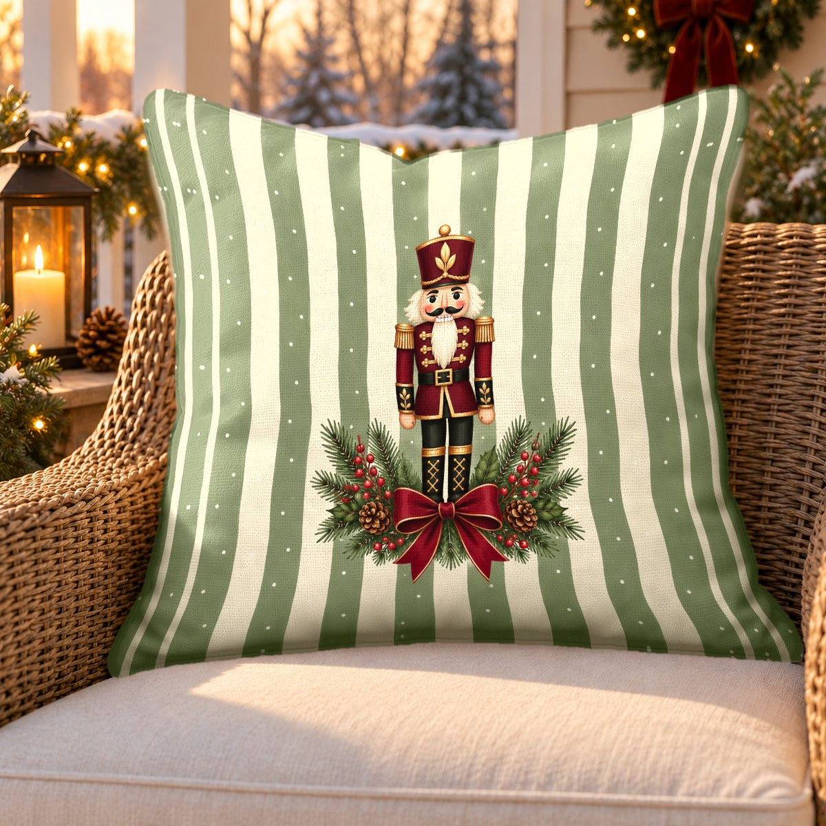 Sage stripe nutcracker outdoor pillow on a rattan chair on a Christmas porch