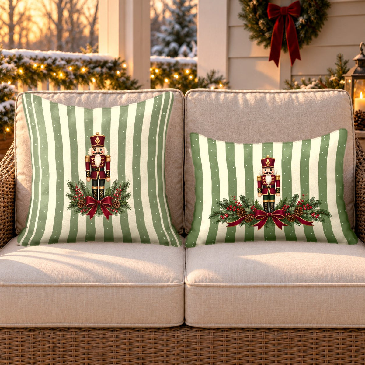Sage stripe nutcracker outdoor pillow and outdoor lumbar pillow styled together as a set on a wicker loveseat for Christmas