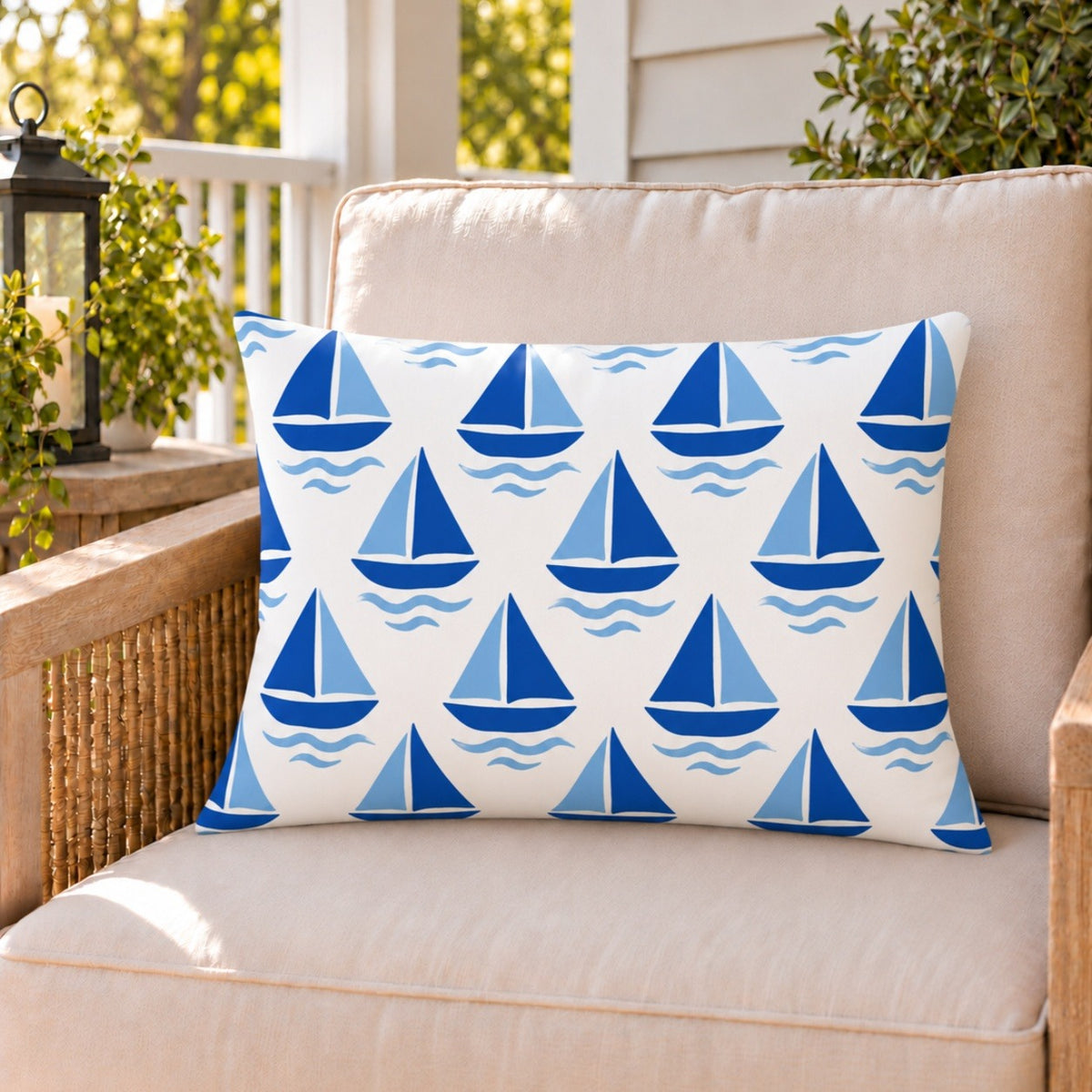 Blue sailboat outdoor lumbar pillow on a rattan chair on a sunny summer porch