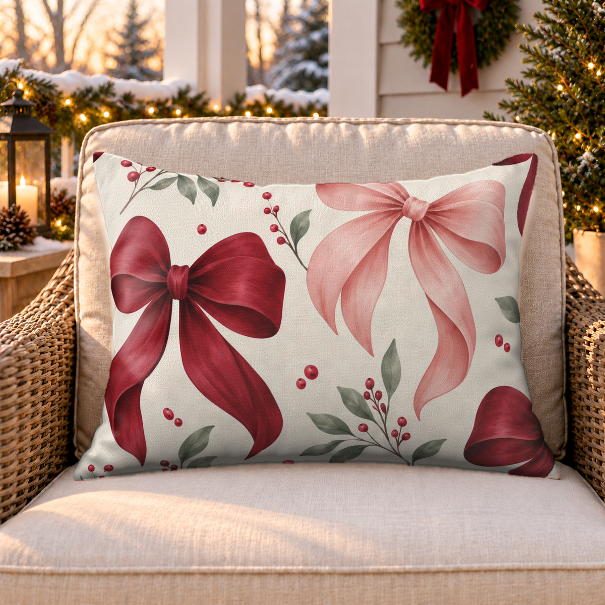 Satin Bow Red Outdoor Lumbar Pillow
