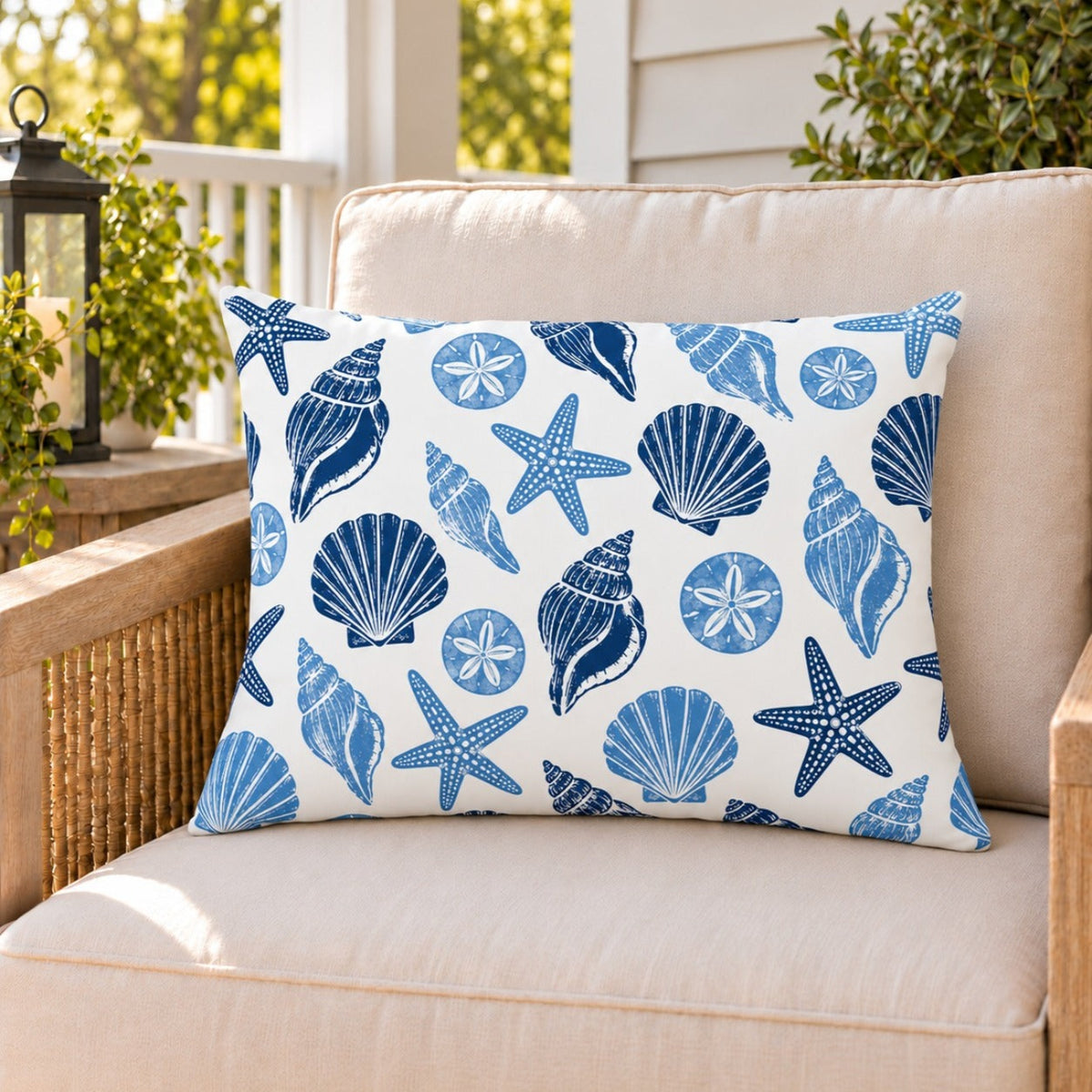 Blue seashell coastal outdoor lumbar pillow on a rattan chair on a sunny summer porch