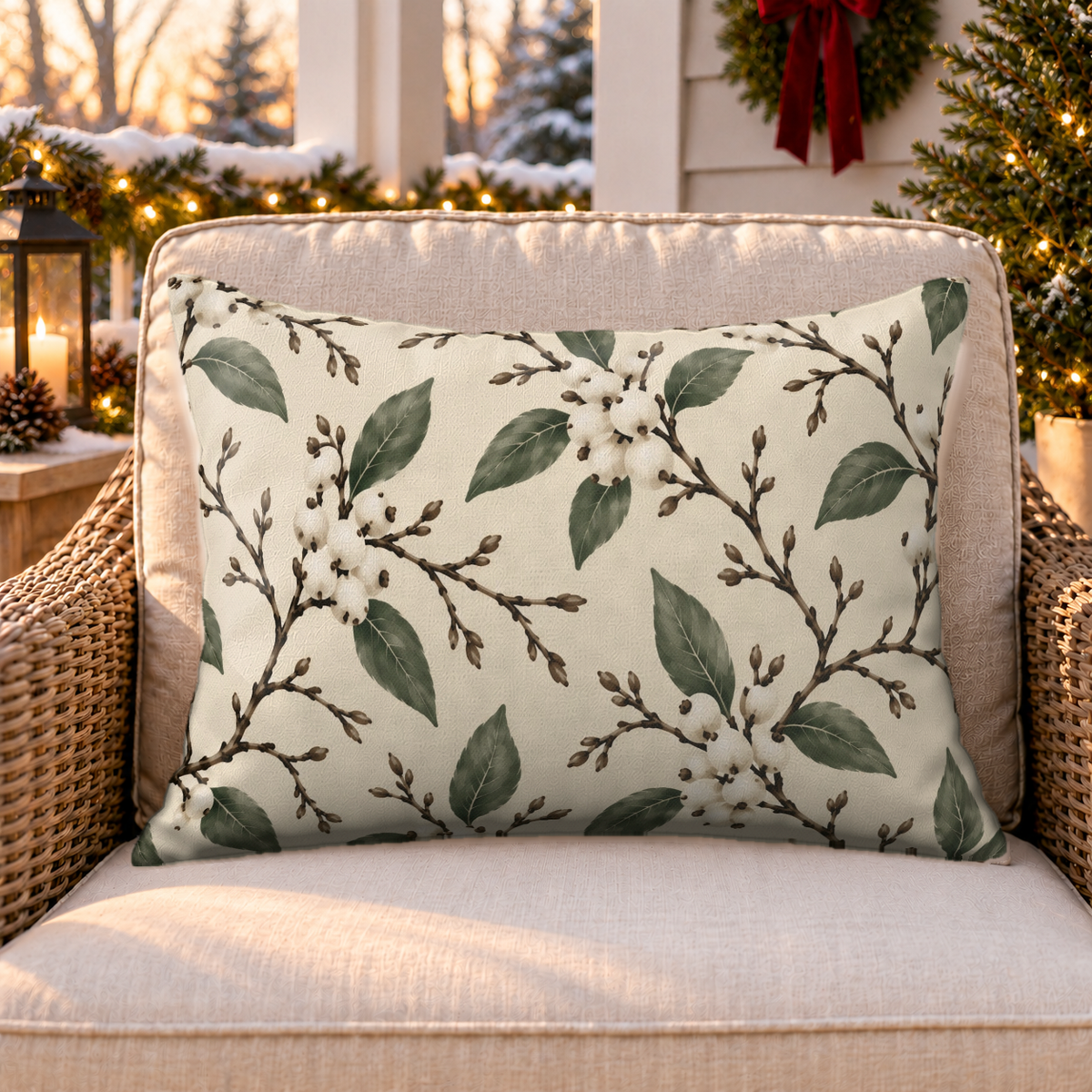 Snowberry Branch Cream Outdoor Lumbar Pillow