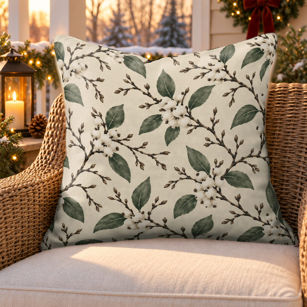 Snowberry Branch Cream Outdoor Pillow