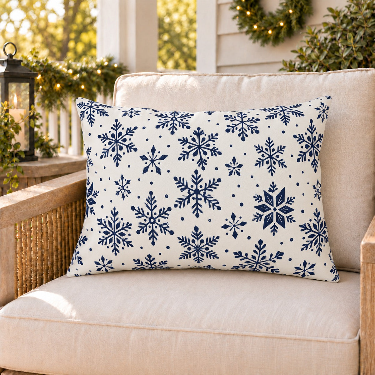 Navy snowflake outdoor lumbar pillow on a rattan porch chair with winter garland and warm lights