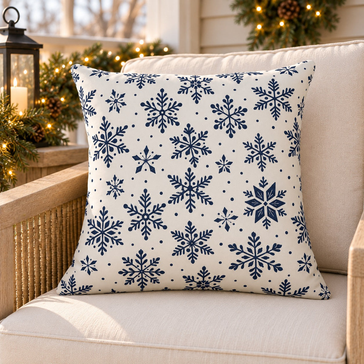 Navy snowflake outdoor pillow on a rattan porch chair with winter garland and warm lights