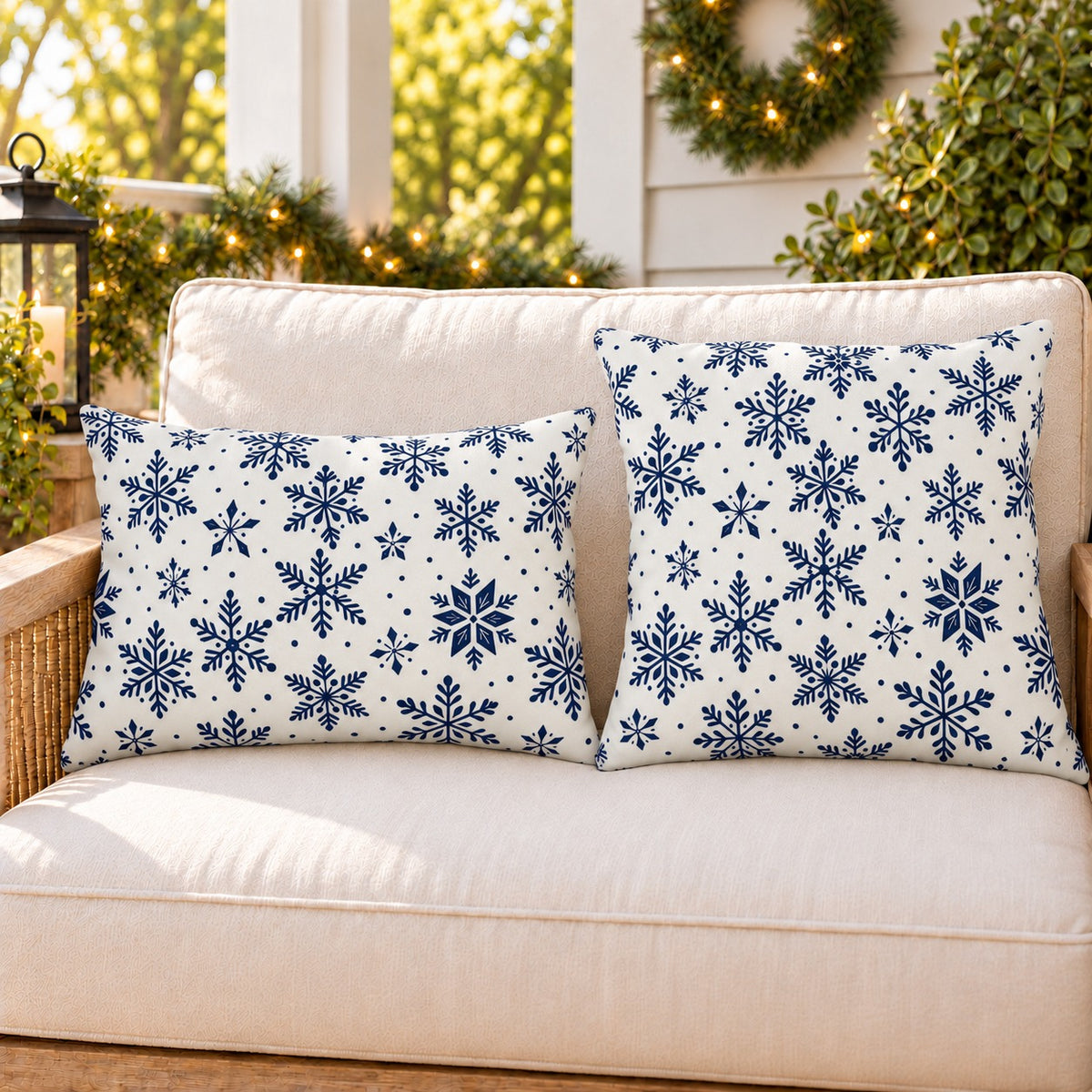 Navy snowflake outdoor pillow and outdoor lumbar pillow styled together as a set on a porch loveseat for winter