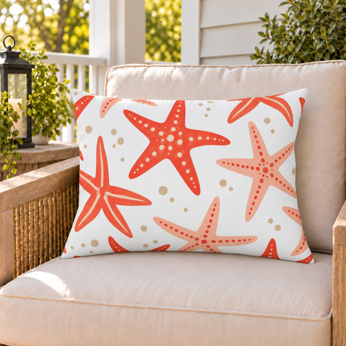 Coral starfish outdoor lumbar pillow on a rattan chair on a sunny summer porch