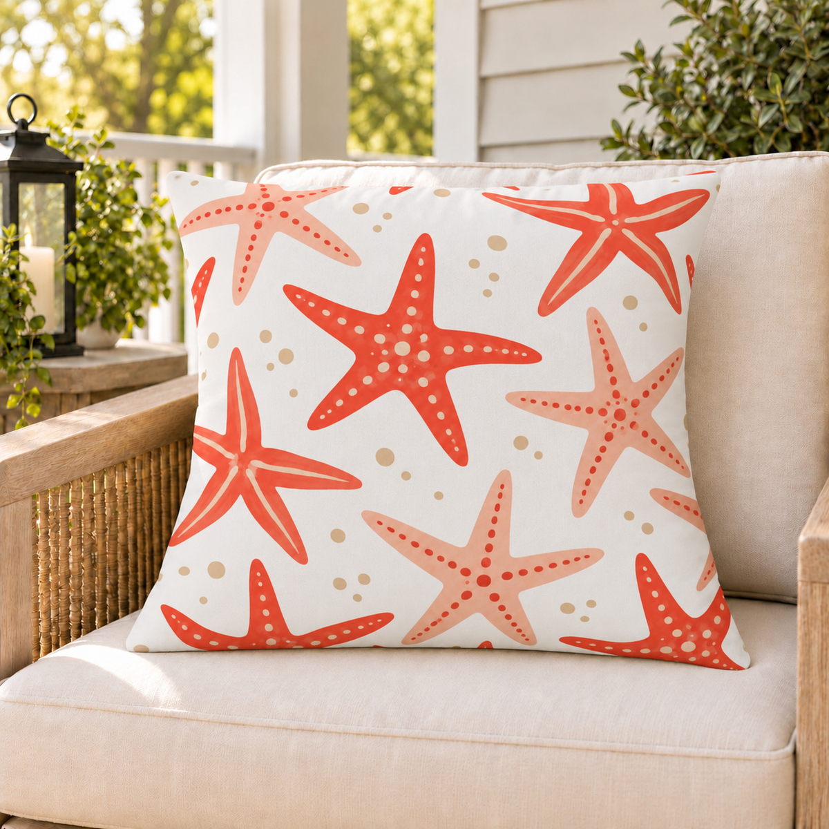 Coral starfish outdoor pillow on a rattan chair on a sunny summer porch