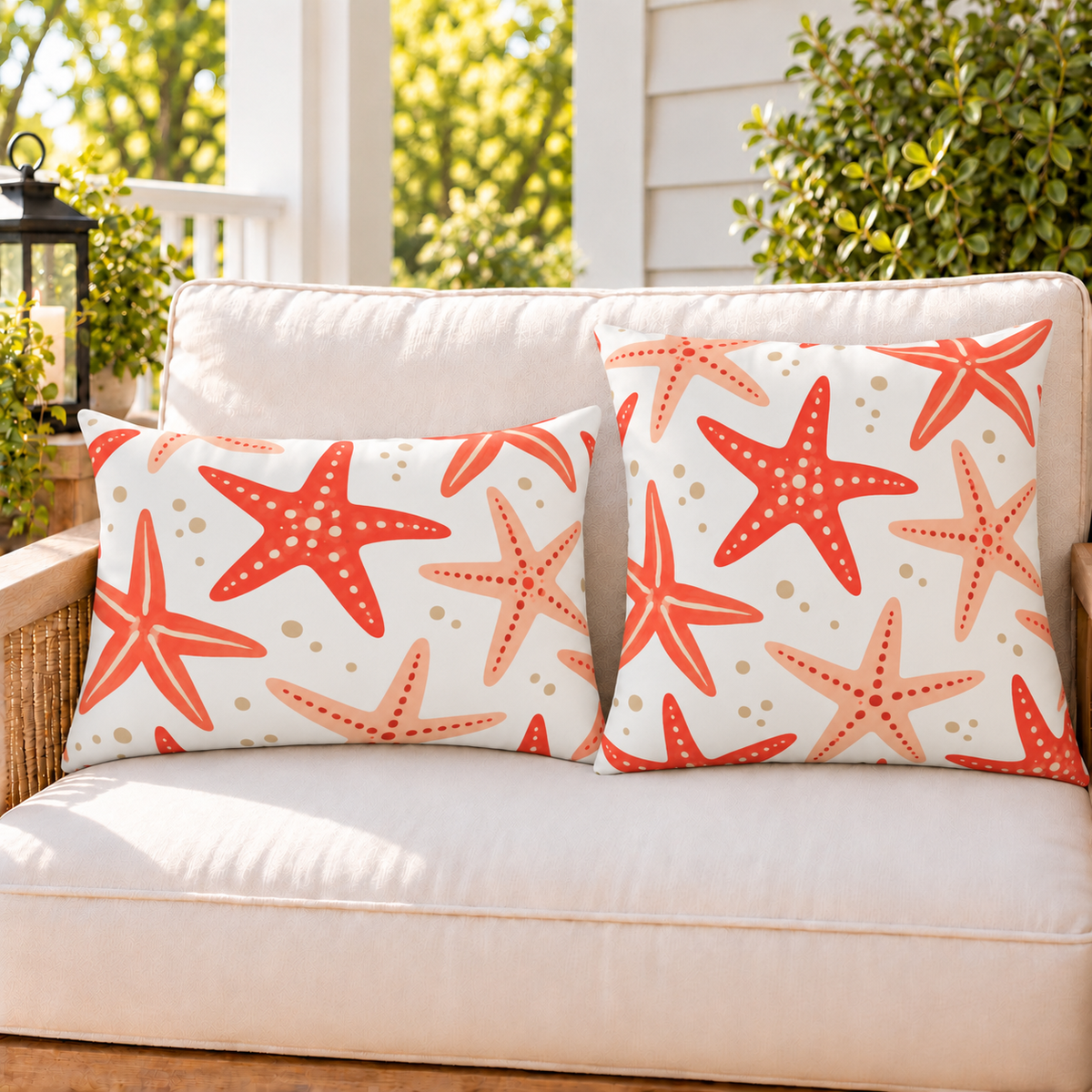 Coral starfish outdoor pillow and outdoor lumbar pillow styled together as a set on a porch loveseat