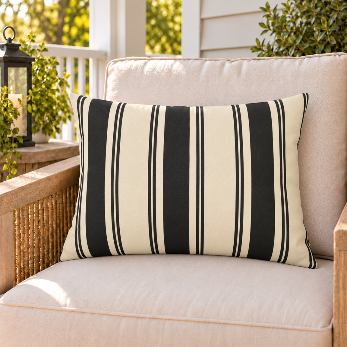 Black and cream ticking stripe outdoor lumbar pillow on a rattan chair on a sunny summer porch