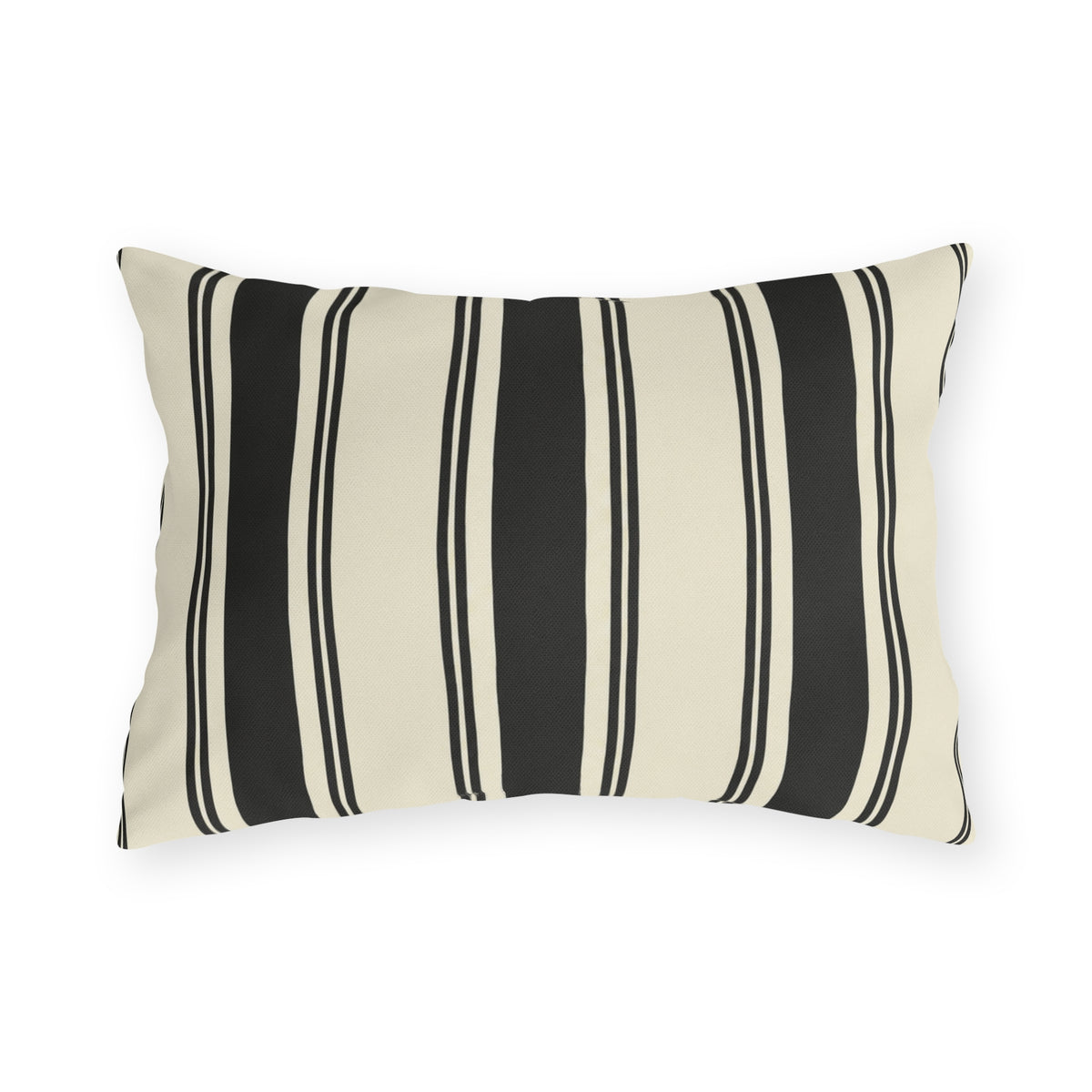Black and cream ticking stripe outdoor lumbar pillow with bold and thin vertical black stripes