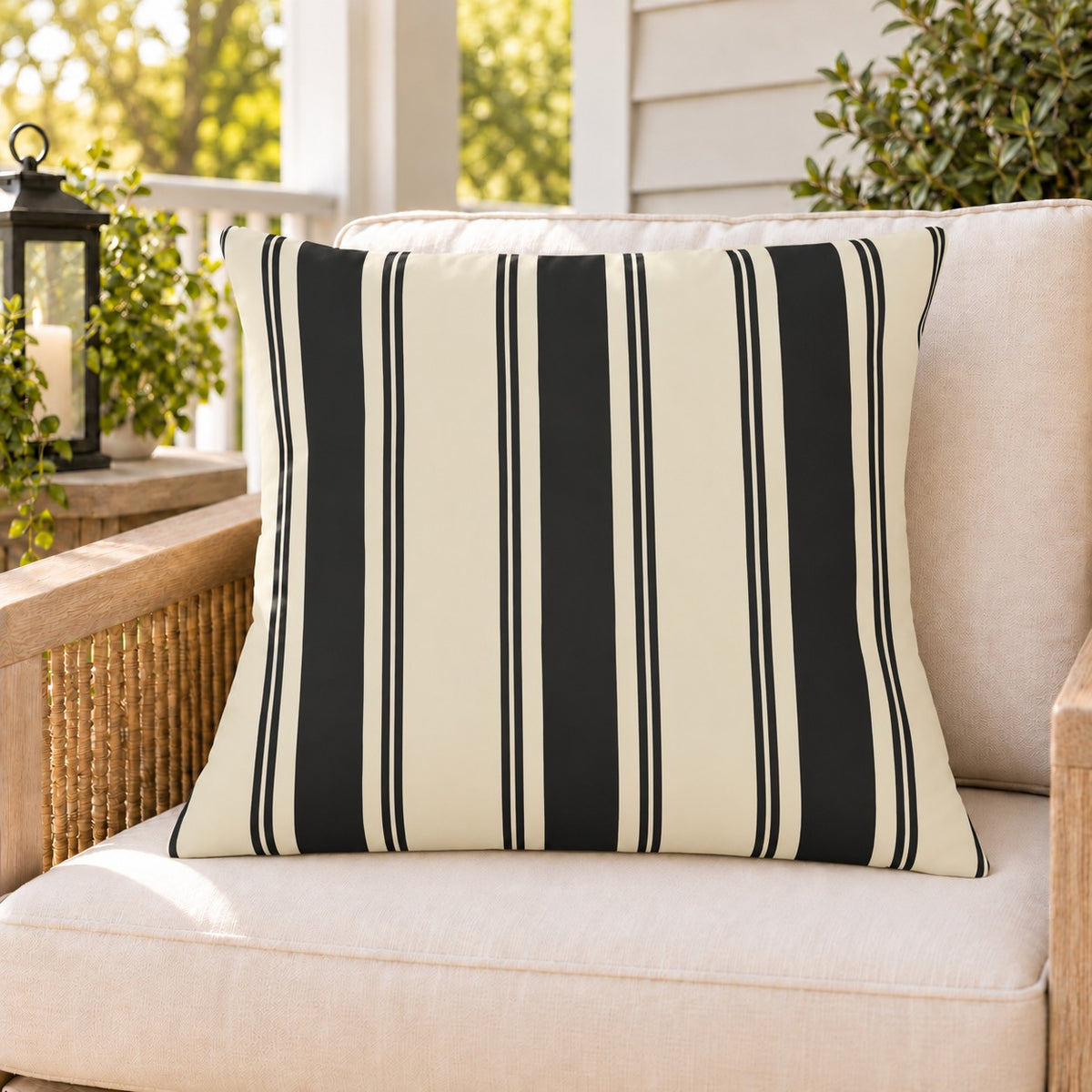 Black and cream ticking stripe outdoor pillow on a rattan chair on a sunny summer porch