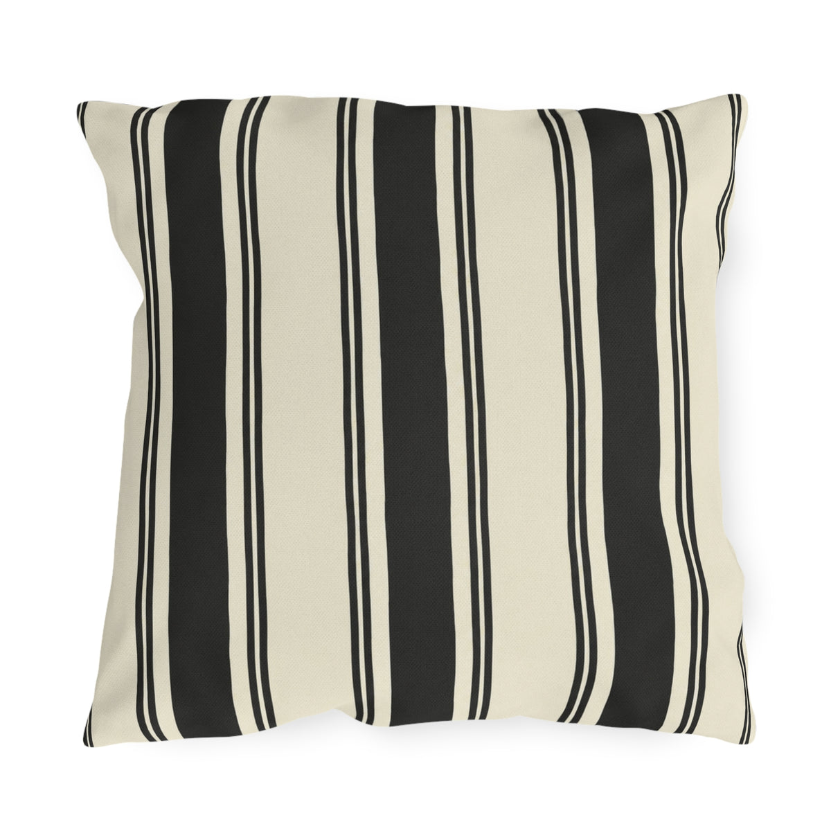 Black and cream ticking stripe outdoor pillow with bold and thin vertical black stripes