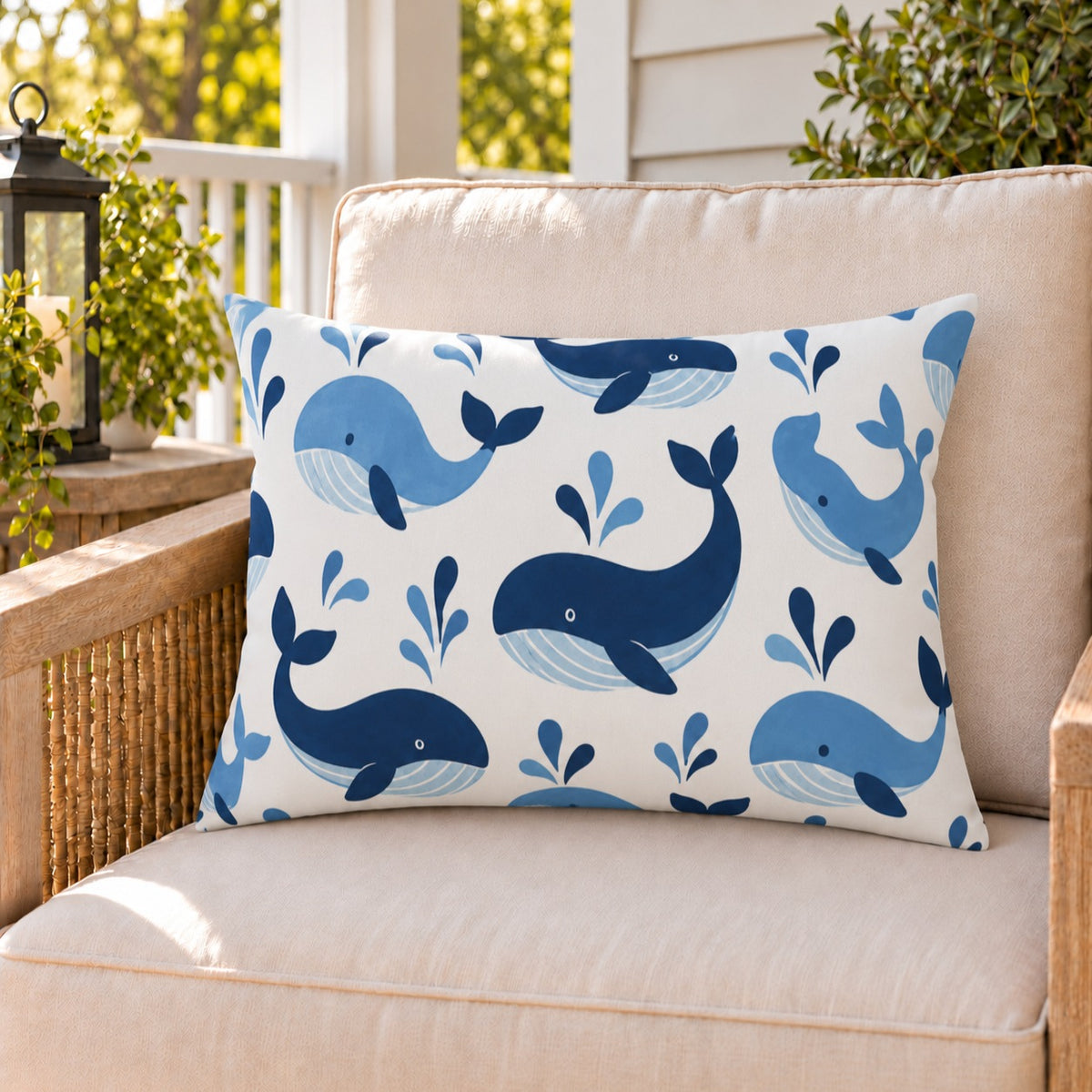 Navy whale outdoor lumbar pillow on a rattan chair on a sunny summer porch